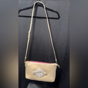 Cream Crossbody Bag with Silver Medallion Accent